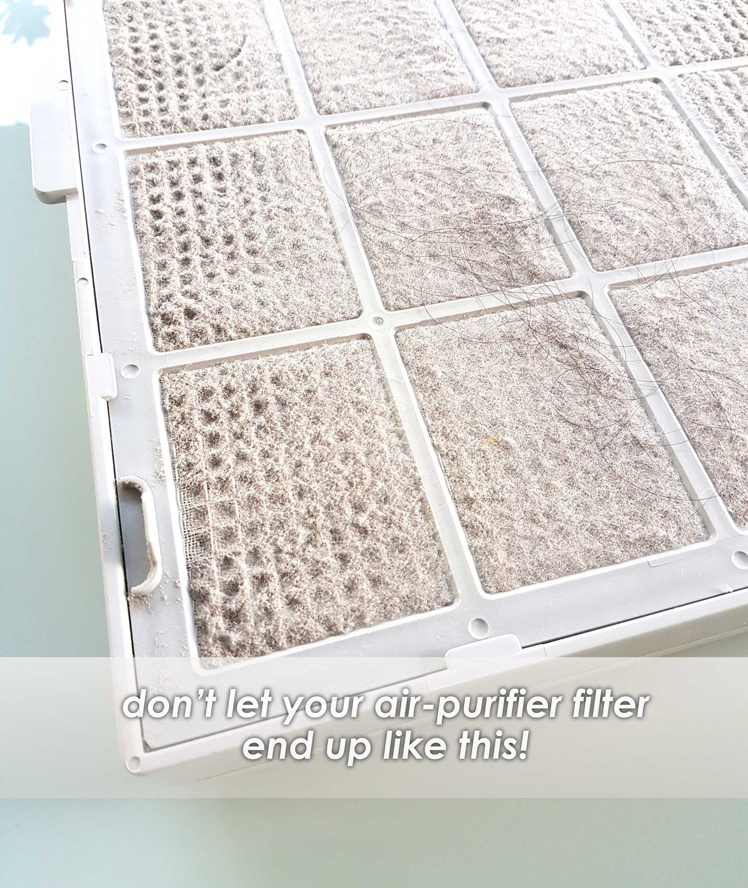 a dirty air purifier with hair in the filter